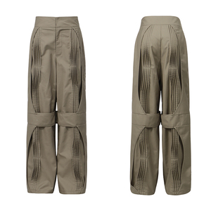 Elegant <strong>Khaki</strong> High Waist Cutout Pleated Wide Leg Pants <strong>Women</strong> Layered Stitch Casual Streetwear Custom <strong>Trousers</strong> Fashion Wholesale - Product Image 2