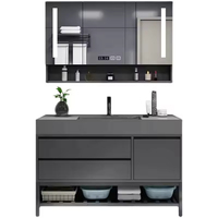 Grande unité de meuble-lavabo de salle de bain autoportante noire polie, style américain unique et intelligent, avec coiffeuse intégrée pour appartement