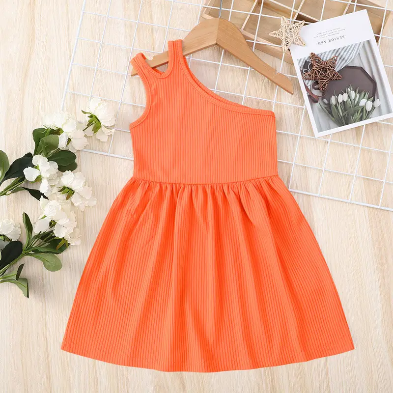 4 Colors Summer Lovely Toddler Clothing Girls Dress Clothing Solid One Shoulder Knit Knee Length A-line Kids Sundress