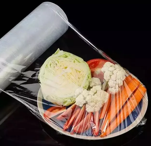 Filme plástico transparente para alimentos, tampa elástica descartável de filme PE para preservação de frutas e vegetais