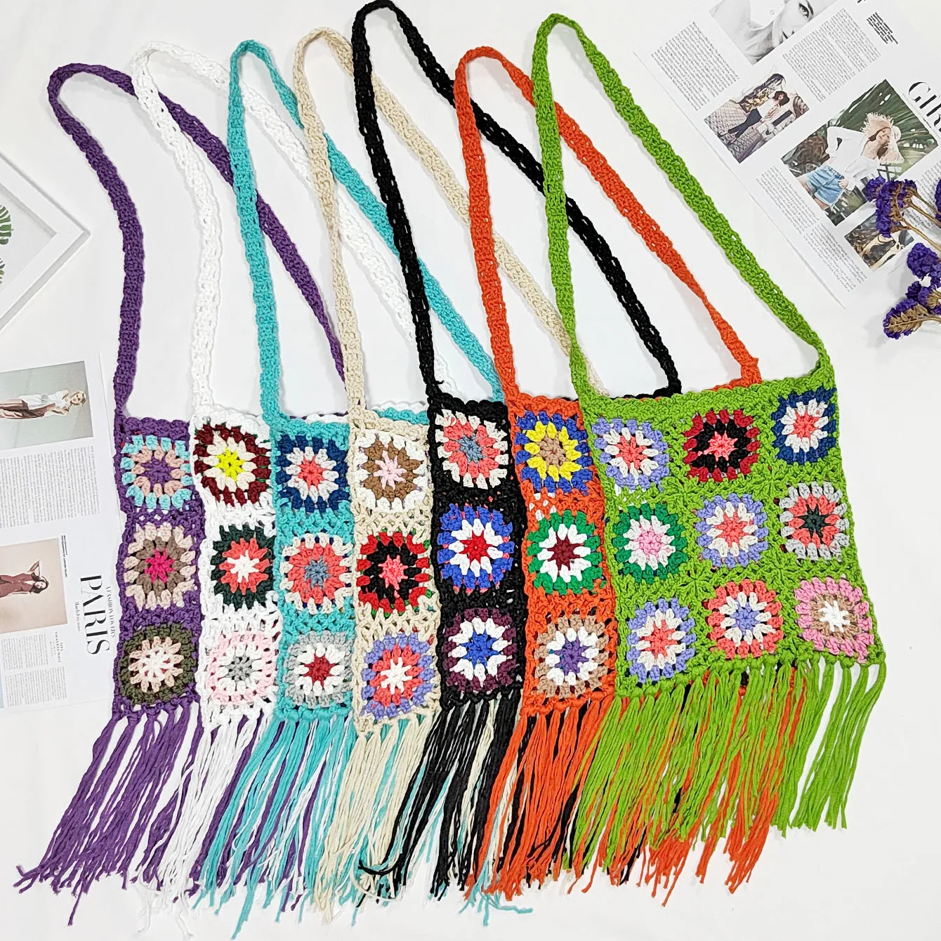 Factory Women Granny Square Handmade Crochet Crossbody Fringe Macrame Tote Bag