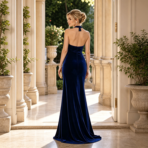 Abito da sera lungo a sirena in velluto blu intenso con scollo all'americana, schiena in pizzo, vestibilità slim, spacco, per cerimonie, matrimoni, feste e balli di fine anno - Product Image 3