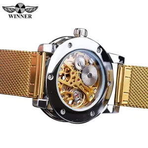Winner 1089 montres mécaniques décontractées <span class=keywords><strong>pour</strong></span> hommes <span class=keywords><strong>montre</strong></span>-bracelet de ceinture romaine dorée en acier inoxydable avec bracelet en maille horloge - Product Image 5