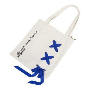 กระเป๋าถือผ้าใบสีขาวกระเป๋าซิปตกแต่งสีฟ้ากระเป๋าสไตล์สร้างสรรค์ - Product Image 6
