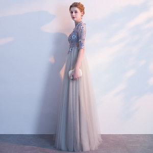 European American Style Long Chiffon Dress High Neck A-Line Floral Print Grey Evening Gown For Graduation Banquet - Product Image 3
