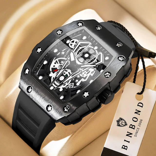 BINBOND Square Texture Case Luxury Watch Men's Quartz Silicone Business Watch with Luminous Dial 30M Water Resistance