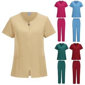 Women's Zipper Scrub Set Moisture Wicking Hospital Uniform Two Piece Medical Workwear <b>Top</b> And Pants For Nurses - Product Image 1