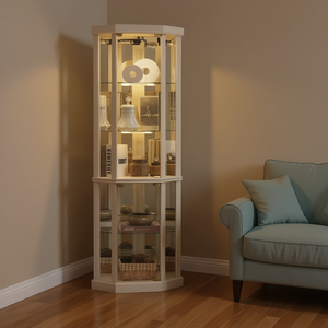 Vitrina de Esquina Blanca Antigua con Iluminación, Vitrina de Vidrio de 4 Estantes para Sala de Estar, Incluye Lámpara, Panel Plano - Product Image 2