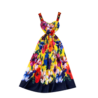 Robe midi pour femme, coupe évasée, imprimé floral, bretelles larges, col cœur, taille cintrée, fluide, pour les vacances à la plage