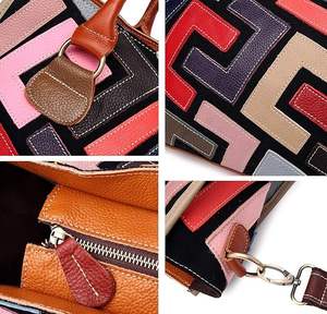 Sac à main femme tendance en cuir véritable patchwork, fermeture éclair, écologique, imperméable, bandoulière simple, grande capacité, type tote - Product Image 3