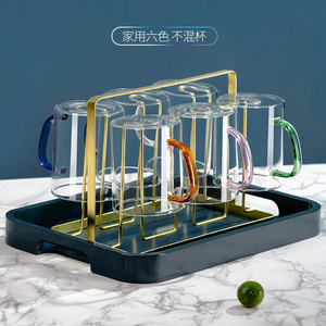 Tazas de vidrio resistentes al calor con asas, juego de 6 piezas, tazas transparentes de colores para beber té con soporte dorado para fiestas - Product Image 4