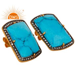 Sky Blue Turquoise Gemstone Earrings 18k Gold Plated 925 Silver Rectangle Shape Stud Earrings Jewelry Wholesale - Product Image 2