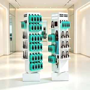 Multi-Function Combined Wig Display <b>Stand</b> Metal 4 Sided Rotating Rack with Shelves Hooks & Wheels for Hair Extensions - Product Image 1