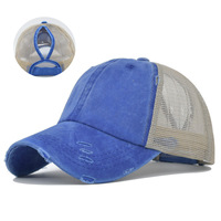 Casquette de baseball 6 panneaux réglable pour femme, style uni, multicolore, en maille délavée et vieillie, avec ouverture pour queue de cheval – Nouveautés en gros