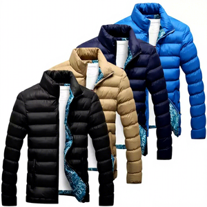 Men's <b>Black</b> <b>Puffer</b> Jacket Solid Color Windproof Winter Casual Zipper Closure Stand Collar Polyester Wadding Slim Fit - Product Image 6