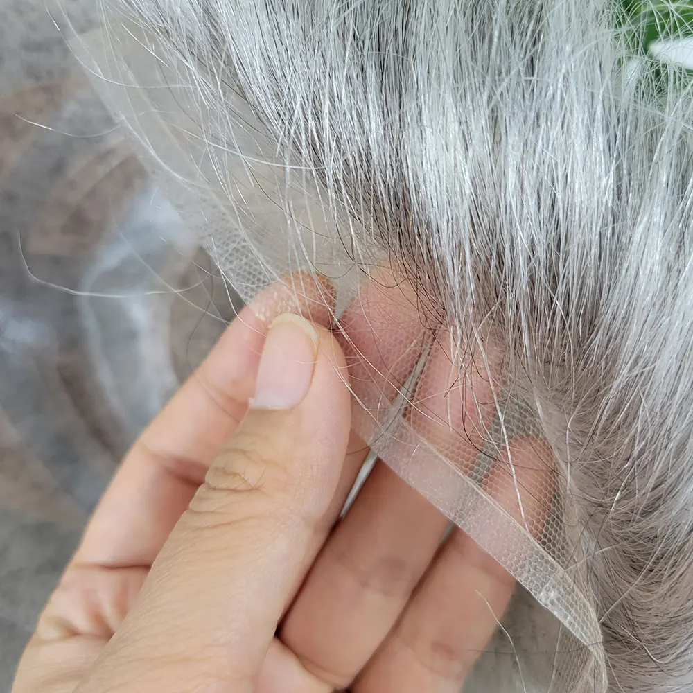 Versalite Mono & Pu dengan Wig pria Depan renda Swiss rambut palsu pria sistem Wig rambut manusia alami India prostesis rambut palsu pria