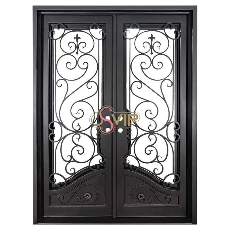 フレンチモダンエントリーセキュリティスクリーンドア錬鉄製ダブルガラスエレガントな外部玄関ドア家庭用錬鉄製ドア