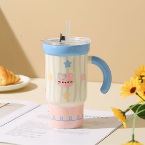 <b>Cute</b> Cartoon Ceramic Tumbler With Straw And Lid 550ml For Cold /Hot Drinks - Product Image 4
