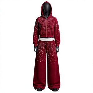 Conjunto de Sudadera con Cremallera y Pantalones Deportivos para Mujer, con Pedrería, Estilo Y2K, Venta al Por Mayor OEM - Product Image 1