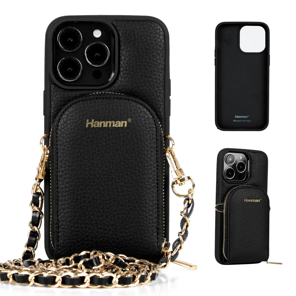 Leder brieftasche Telefon hülle Business Zipper Rückseite Mobile Wallet Verstellbarer Gurt für iPhone 14 13 12 11 Pro max