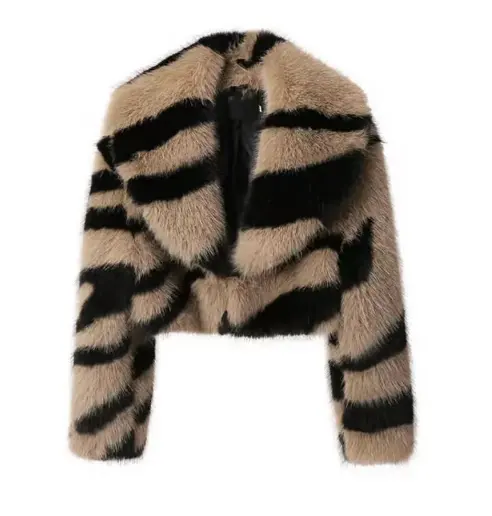 2023冬の新着ゼブラスタイルのクロップド服暖かい高級フェイクファーふわふわ毛皮のジャケット女性用ファーコートレディースコートP