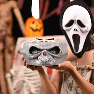 Prato de doces com sensor de movimento, caveira tigela esqueleto animado de halloween decoração para festa