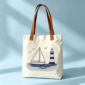 Bolsa de Lona Personalizada con Estampado de Faro, Velero, Gaviota y Red de Pesca, Asa de Cuero con Remaches, Bolsas de Compras Náuticas para Mujer - Product Image 1
