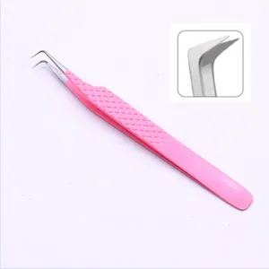 Pinzas de punta de fibra en forma de L de 45 90 grados de etiqueta privada de Color Rosa Pinzas de extensión de pestañas de volumen