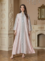 Robe Abaya ample à manches longues pour femmes, col en V, broderie géométrique, détail de pompons, décontractée, respirante, modeste, en polyester