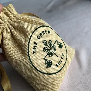 カスタムロゴ刺繍ジュートヘシアンバーラップギフト巾着バッグソフトベージュジュートコーヒーティー包装袋