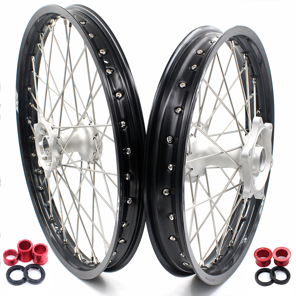 KKE 21/19" Casting Fit for Honda CRF250R 2004-2013 CRF450R 2002-2012 Motocross Wheels Rims Set Silver Hub Black Rim