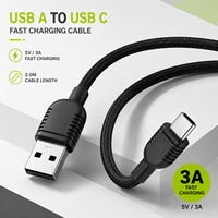 Câble de charge rapide USB A vers Type C 2M 3A en nylon noir tressé avec conducteurs en cuivre étamé pour batterie externe