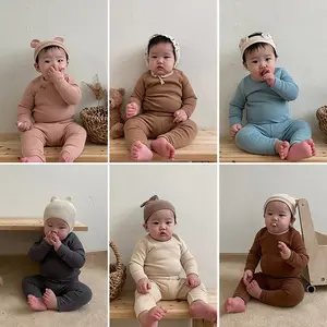 3PCS/SET Winter Warm Mini Baby Girls Suit Clothes Set Solid Cotton Romper Long Sleeve Tops Pants with Hat Bonnets