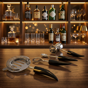 Ensemble d'outils de bar en acier inoxydable 4 pièces avec passoire, doseur, cuillère, ouvre-bouteille, manche noir, design personnalisé - Product Image 4