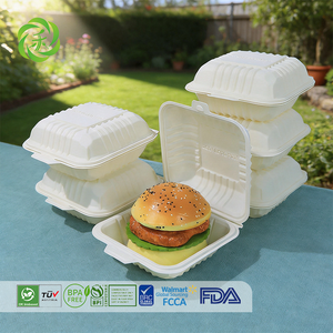 Caja para llevar hamburguesas con tapa abatible, apta para microondas, lavavajillas y refrigerador, de 17 oz/500 ml, hecha de almidón de maíz PSM, ecológica y desechable. - Product Image 1
