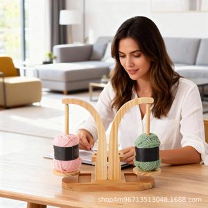 Wooden Yarn Spool Holder Rotating <b>Desktop</b> <b>Stand</b> Solid Wood Oval Shape For Needlework Craft Storage - Product Image 2