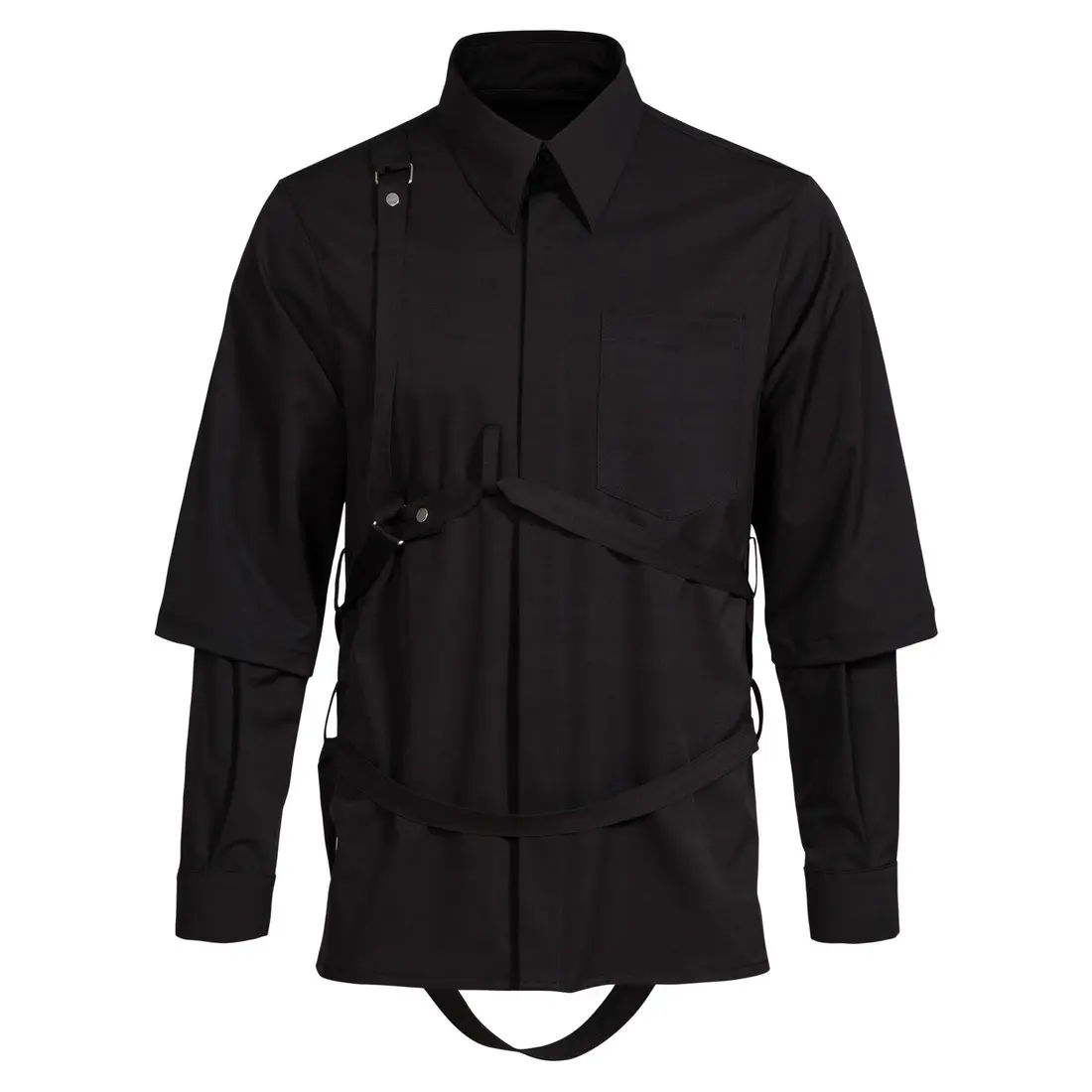 Moda de estilo japonés y coreano como camisas de dos piezas para hombre Camisas de manga doble con correa negra oscura