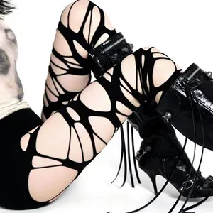 King Mcgreen Star Women Sexy Perforated Stocking Y2k Gothic Black Punk Torn Strap Ragged Pantyhose Hosiery Underwear Pantyhose