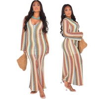Robe longue élégante pour femme, style vacances, tissée multicolore, col en V, fendue, design unique