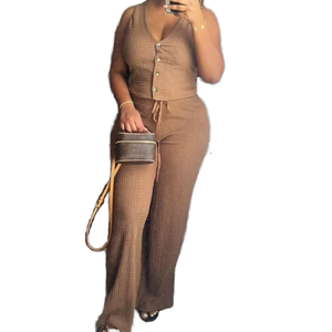 Ensemble 2 pièces pour femmes, sans manches, col en V, tricot côtelé, couleur unie, pantalon large, coupe ample, tenue décontractée printemps-été - Product Image 1