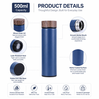 Bouteille isotherme premium 500 ml avec couvercle en bois, intérieur en acier inoxydable 304, couche sous vide visible, gourde portable, cadeau, vente en gros