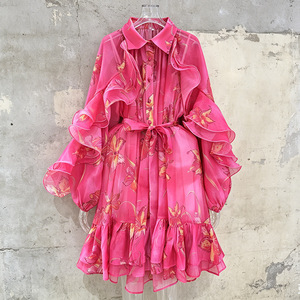 Vestido tipo falda ajustada de cintura alta con cordones estilo commuter inteligente Alise, novedad de verano 2026, con solapa con muescas y estampado floral vintage. - Product Image 4