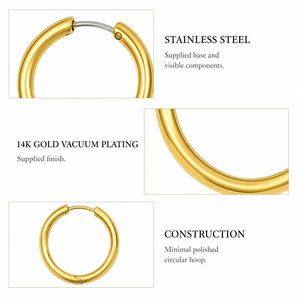 Classic Slim <b>Hoop</b> <b>Earrings</b> Stainless Steel 14K Gold Vacuum Plated Polished Round <b>Hinged</b> <b>Hoops</b> - Product Image 2