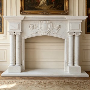 Cheminée autoportante européenne en marbre noir avec manteau de foyer en pierre et têtes de lions à la française pour salon - Product Image 4