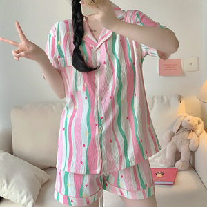 Pyjama en coton rayé SAMWESTART pour femmes, nouveau <span class=keywords><strong>short</strong></span> à manches courtes d'été, tenue de maison fine et douce - Product Image 2
