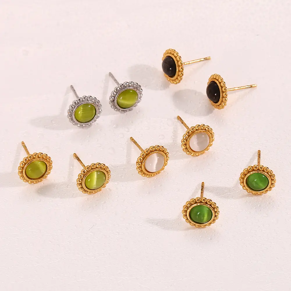 Delicate Natural Stone Mini Earrings Colorful Cat Eye Stone Inlay 18K Gold Plated Sunflower Stainless Steel Stud Earrings