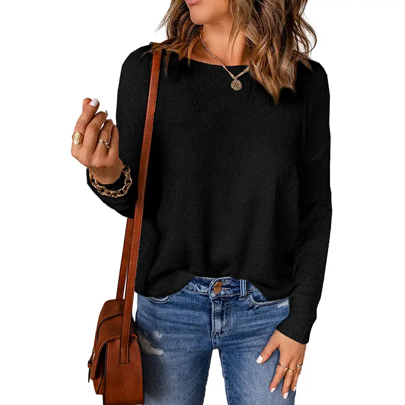 Customized loose and versatile round neck sweater for women's casual style, solid color long sleeved top, Chinese manufacturer