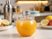 Bouteille ronde sphérique en plastique PET transparent de qualité alimentaire écologique de 150 ml et 200 ml avec couvercle en aluminium pour jus, lait, thé, boissons
