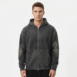 Men's Washed 100% Cotton Hoodie Zipper Front Regular Fit Casual Solid Color French Terry Sweatshirt Autumn Wear - Product Image 1