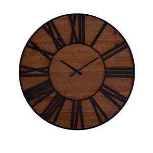 Large Farmhouse Rustic Retro Wall Decor Item Roman Numerals Brown Solid Wood Iron Oversized Decorative Wall Clock